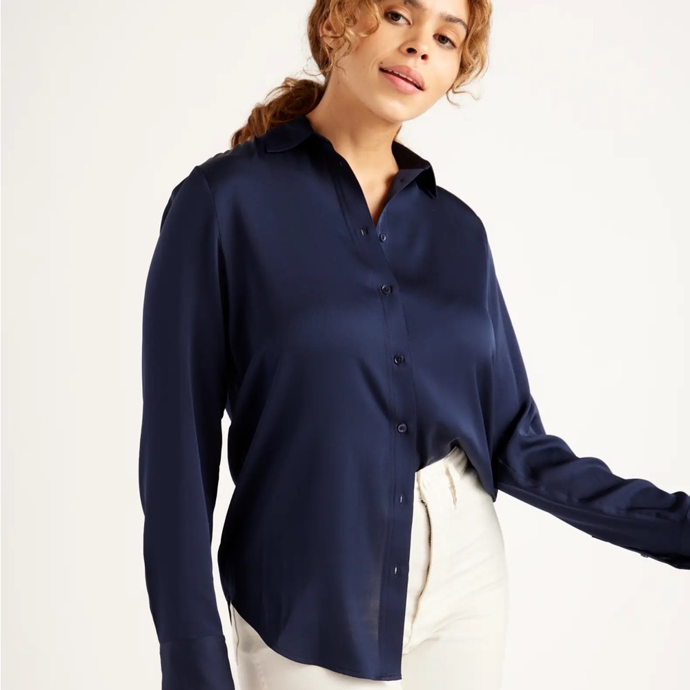 Quince navy notch collar washable silk shirt small